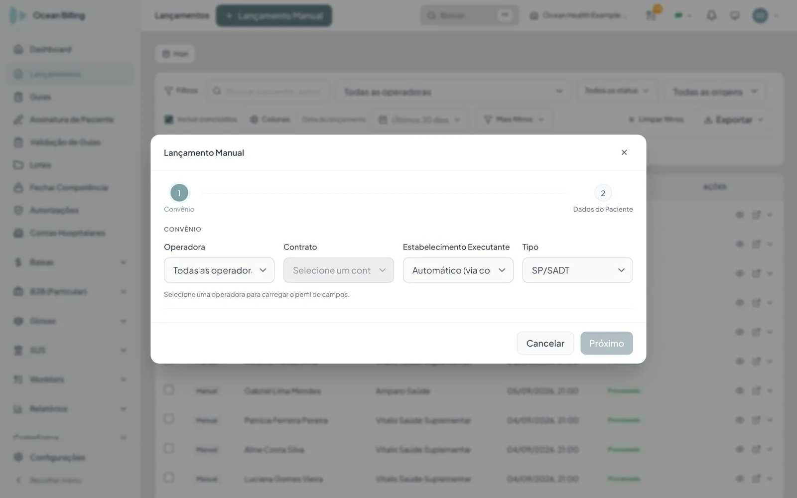 Wizard de lançamento manual do Ocean Billing com o formulário dirigido pela categoria da fonte pagadora