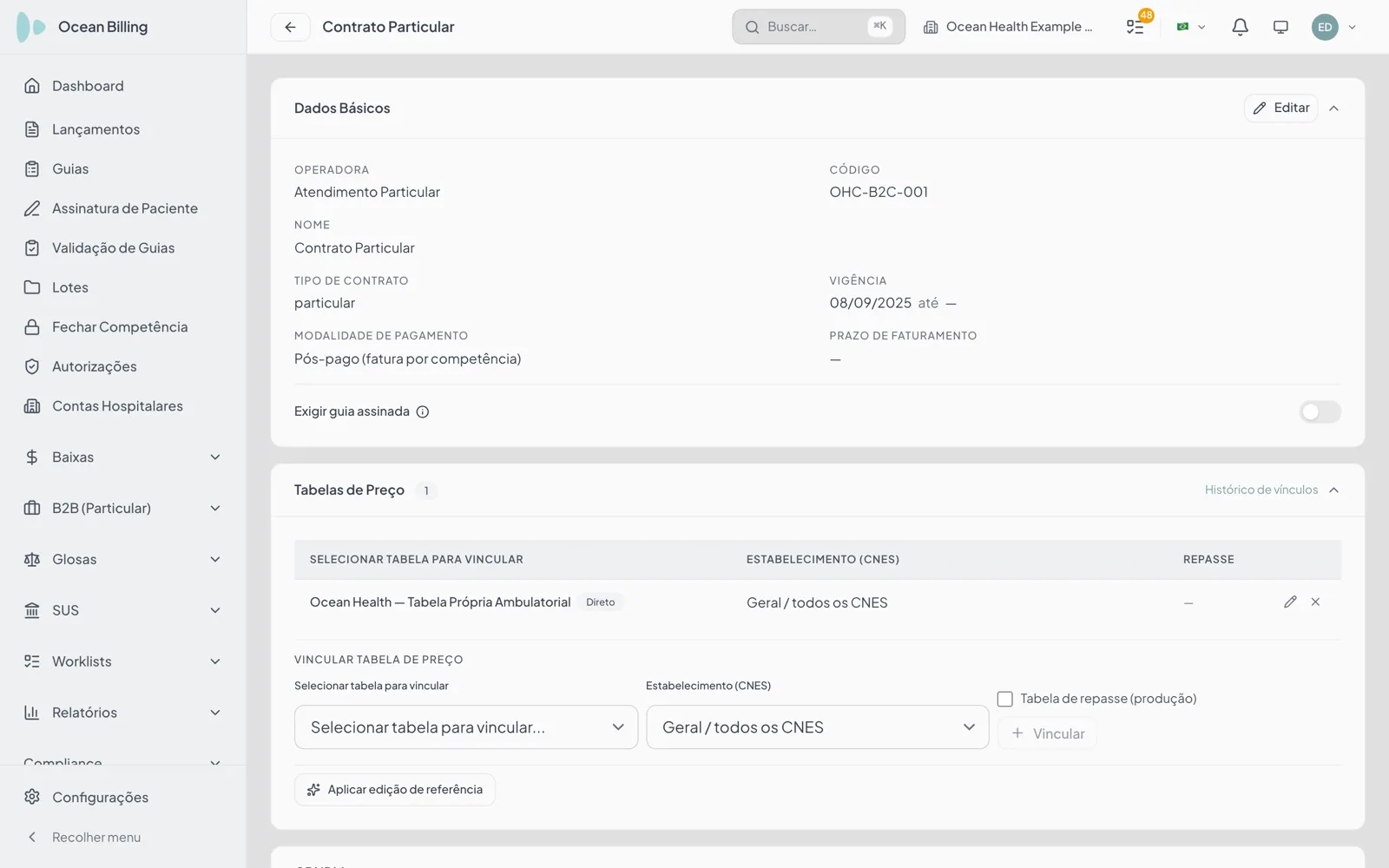Detalhe de um contrato no Ocean Billing, com modalidade de pagamento, tabela de preço vinculada por estabelecimento e a marcação de tabela de repasse