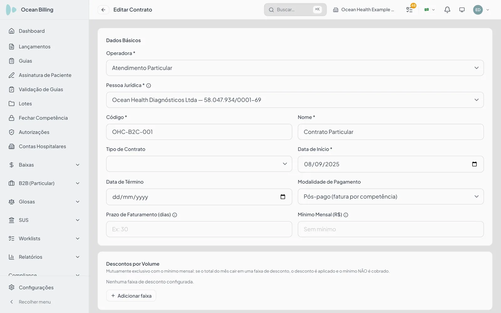 Edição de contrato no Ocean Billing com modalidade, prazo de faturamento, mínimo mensal e o bloco de descontos por volume