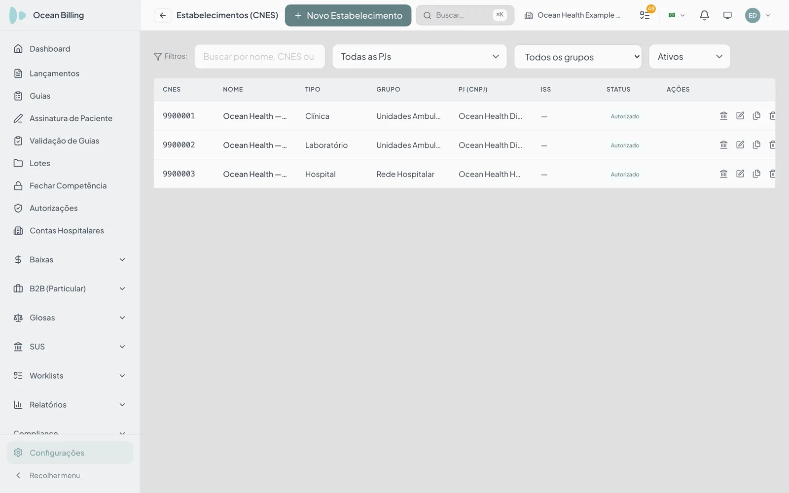 Lista de Estabelecimentos (CNES) do Ocean Billing com o tipo, o grupo e a pessoa jurídica de cada um, filtros por PJ e por grupo, e a ação de copiar em cada linha