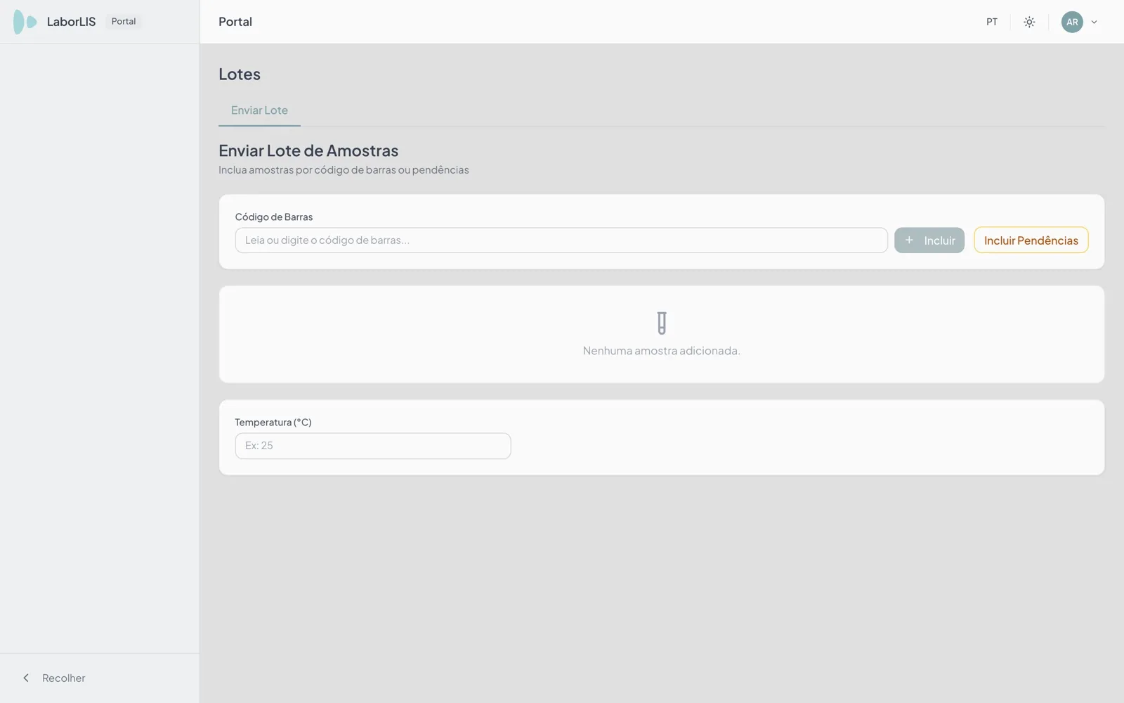 Tela de envio de lote de amostras no portal do apoiado, com leitura do código de barras, inclusão de pendências e temperatura