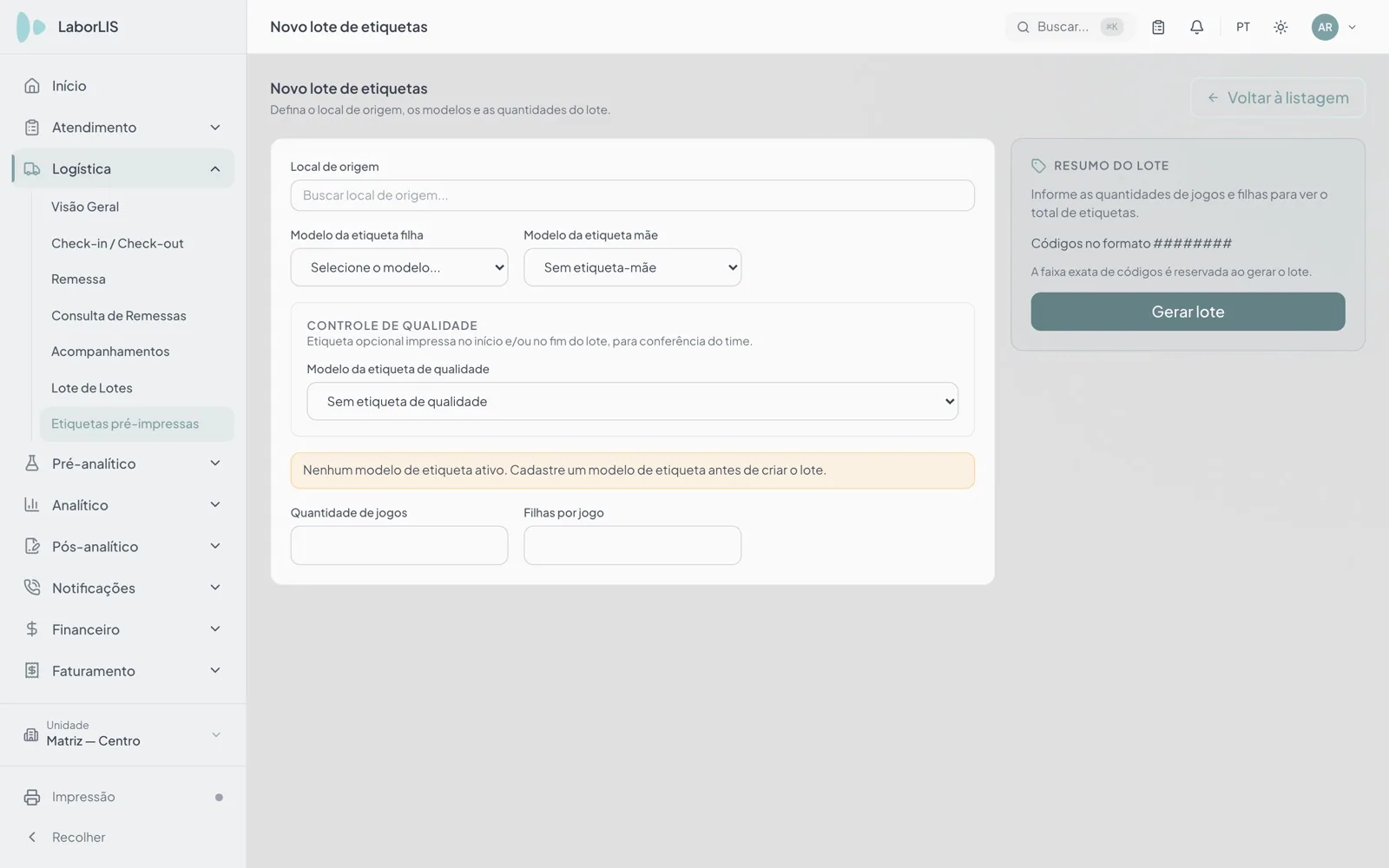 Novo lote de etiquetas pré-impressas no LABORLIS 27, com o local de destino, os modelos de etiqueta-mãe e filha, a quantidade de jogos e a numeração reservada