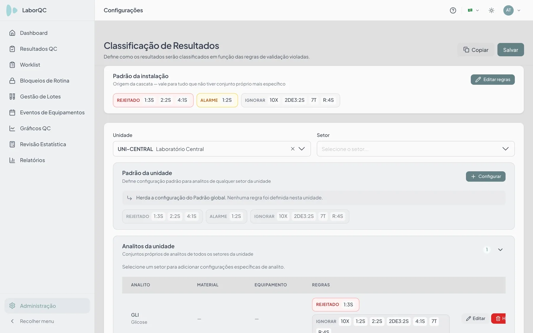 Classificação de resultados do LaborQC com o padrão da instalação no topo e, abaixo, o padrão da unidade usando a configuração da rede
