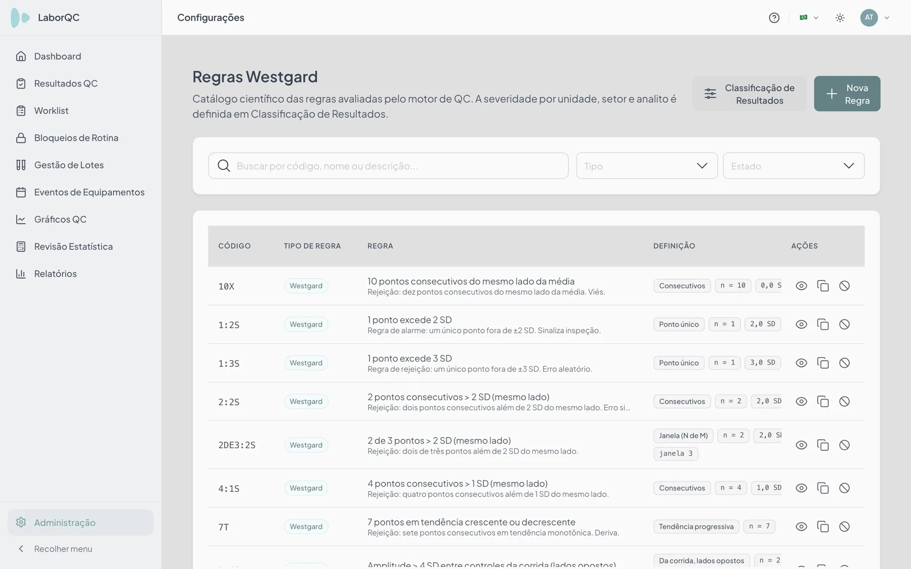 Catálogo de regras de Westgard do LaborQC com 10X, 1:2S, 1:3S, 2:2S, 2de3:2S, 4:1S e 7T, cada uma com o tipo, a descrição e a definição em número de pontos e desvios