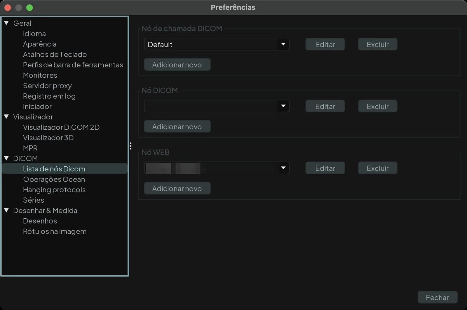 Página Lista de nós das preferências da Lumina Workstation com três blocos, nó de chamada, nó DICOM e nó web, cada um com os botões Editar, Excluir e Adicionar novo
