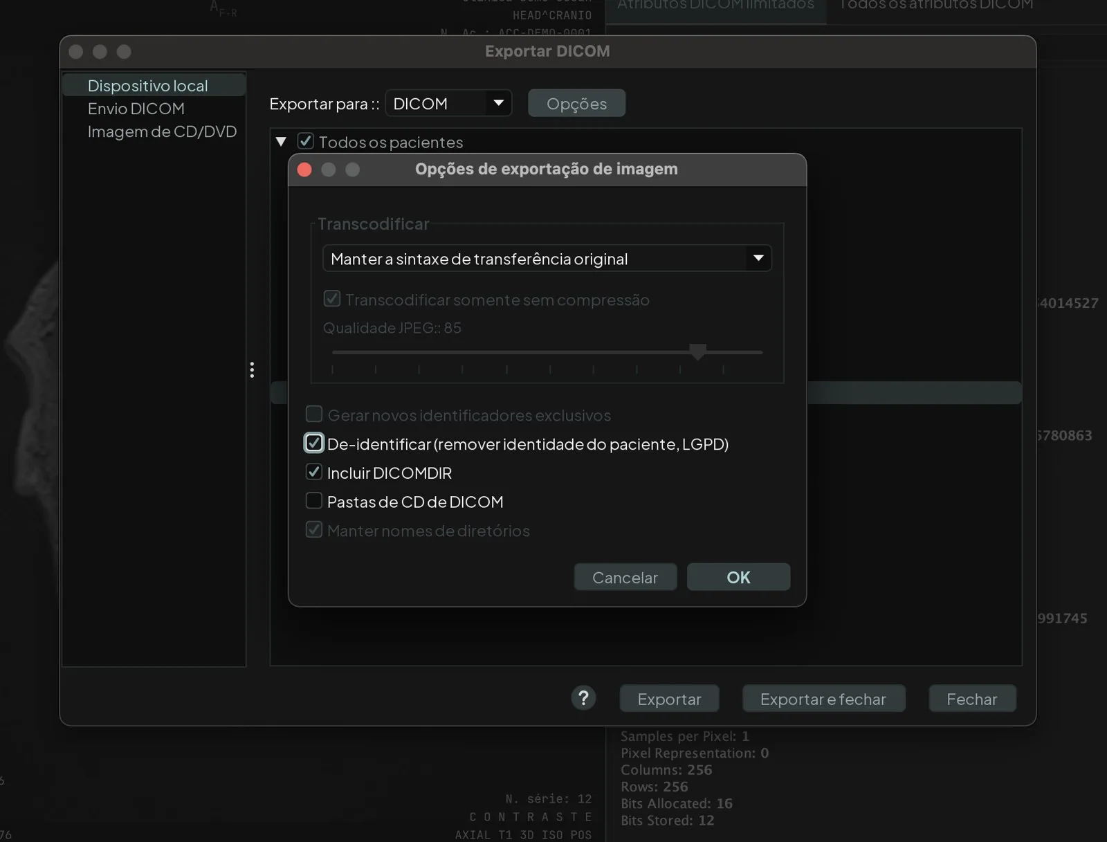Janela Opções de exportação de imagem sobre a janela Exportar DICOM, com a opção De-identificar (remover identidade do paciente, LGPD) marcada e Incluir DICOMDIR
