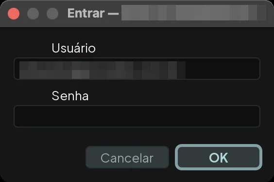 Janela Entrar da operação pedindo usuário e senha do produto Ocean, com o usuário pixelado