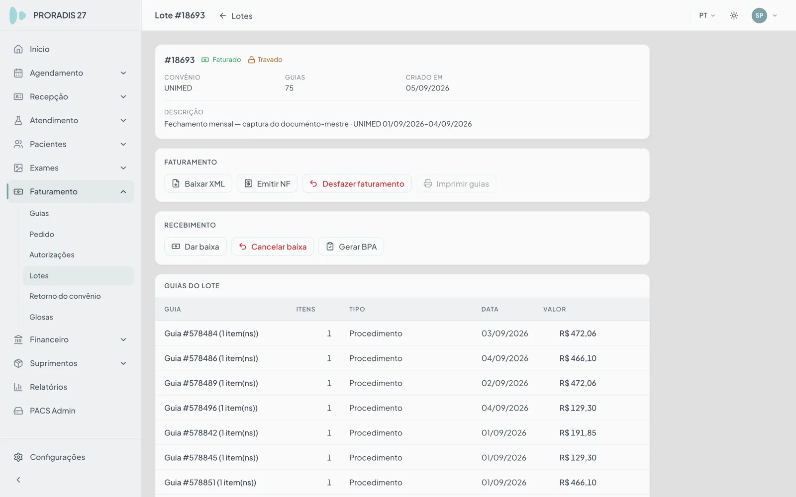 Lote de convênio faturado e travado, com XML gerado e histórico