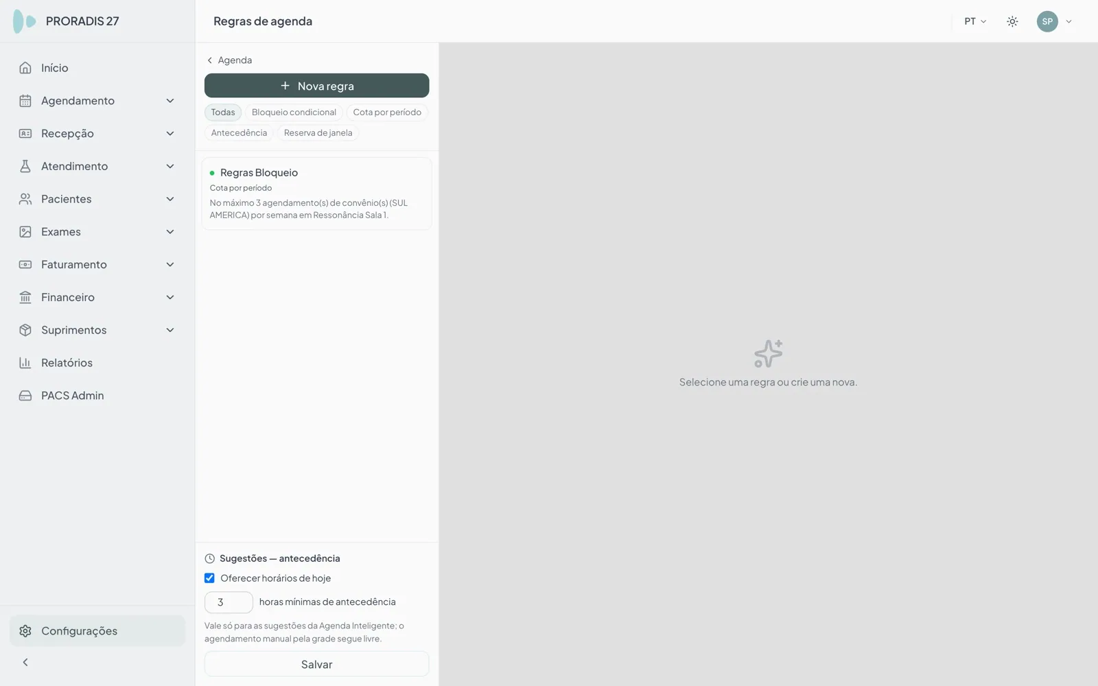 Tela de Regras da Agenda Inteligente com editor QUANDO/ENTÃO e painel Experimentar