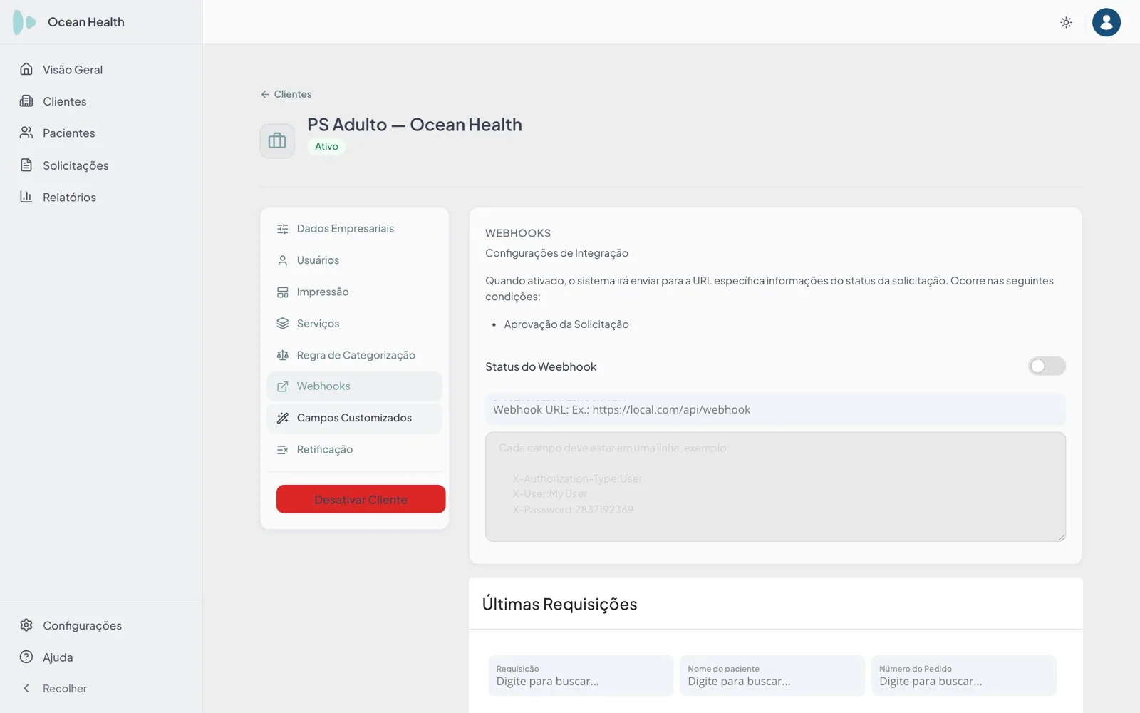 Aba de entrega automática de uma unidade solicitante do Teleradis: a condição de disparo na aprovação da solicitação, o status da entrega, o endereço de destino e os cabeçalhos, e abaixo a lista de últimas requisições com busca por requisição, paciente e pedido