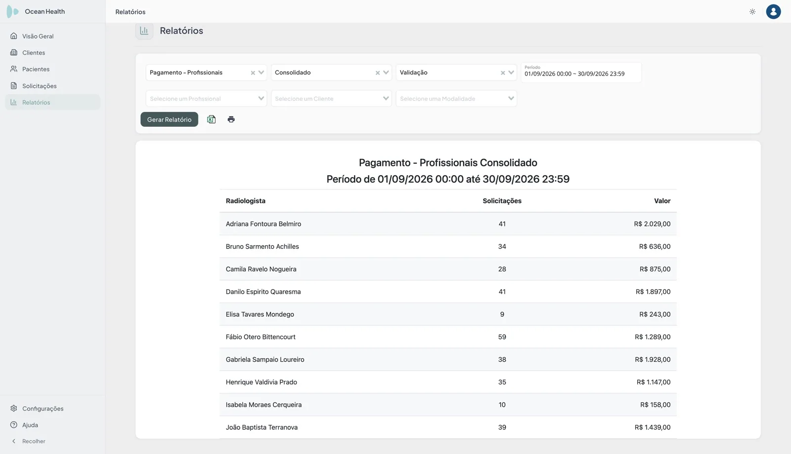 Relatório Pagamento - Profissionais consolidado do Teleradis, filtrado por data de validação e por um período de um mês, com a lista de radiologistas fictícios da base de demonstração, o número de solicitações e o valor de cada um